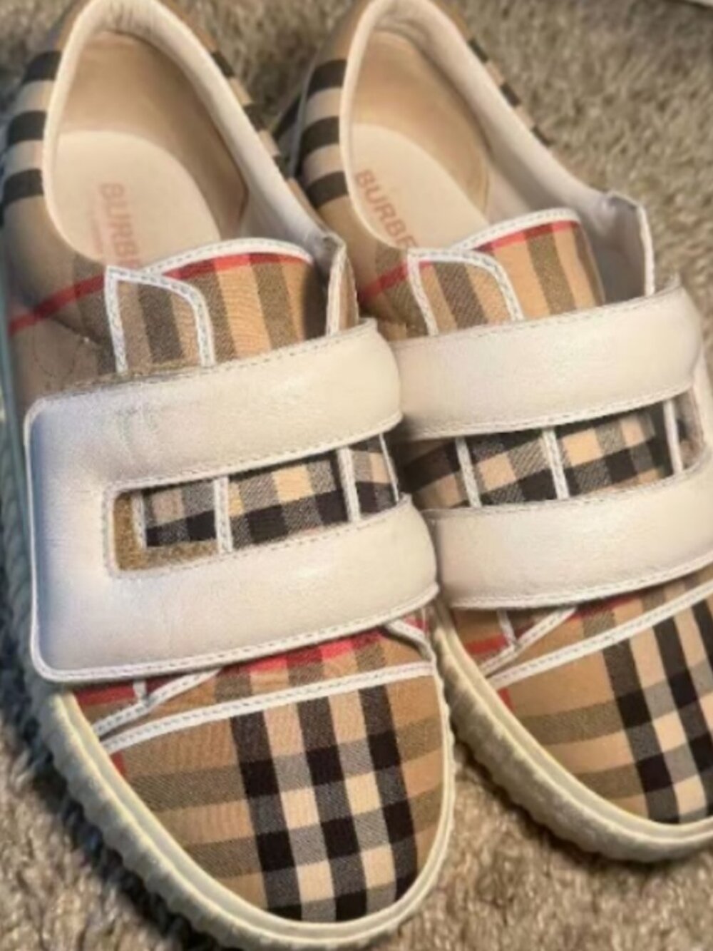 Burberry Kids Iconic Check Velcro Sneakers in Beige and White.